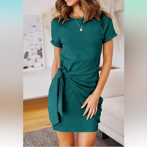 merokeety Dresses Teal Short Sleeve T Shirt Dress Tie Waist Ruched